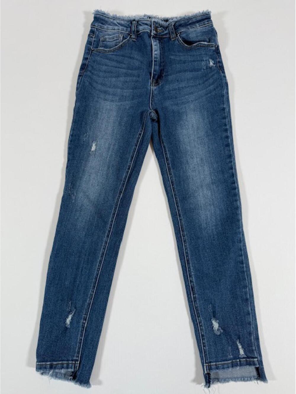 Risen Women's Skinny Jeans with Frayed Waist and Hem
